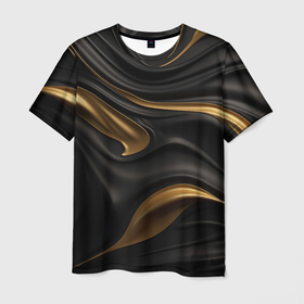 Мужская футболка 3D с принтом Золотистые волны  на черной материи в Петрозаводске, 100% полиэфир | прямой крой, круглый вырез горловины, длина до линии бедер | Тематика изображения на принте: 