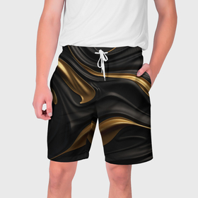 Мужские шорты 3D с принтом Золотистые волны  на черной материи в Тюмени,  полиэстер 100% | прямой крой, два кармана без застежек по бокам. Мягкая трикотажная резинка на поясе, внутри которой широкие завязки. Длина чуть выше колен | 