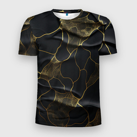 Мужская футболка 3D Slim с принтом Золотые волнистые волны на черной ткани в Тюмени, 100% полиэстер с улучшенными характеристиками | приталенный силуэт, круглая горловина, широкие плечи, сужается к линии бедра | 