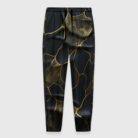 Мужские брюки 3D с принтом Золотые волнистые волны на черной ткани в Тюмени, 100% полиэстер | манжеты по низу, эластичный пояс регулируется шнурком, по бокам два кармана без застежек, внутренняя часть кармана из мелкой сетки | 