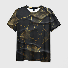Мужская футболка 3D с принтом Золотые волнистые волны на черной ткани в Тюмени, 100% полиэфир | прямой крой, круглый вырез горловины, длина до линии бедер | 