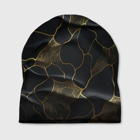 Шапка 3D с принтом Золотые волнистые волны на черной ткани в Тюмени, 100% полиэстер | универсальный размер, печать по всей поверхности изделия | 