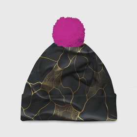 Шапка 3D c помпоном с принтом Золотые волнистые волны на черной ткани в Тюмени, 100% полиэстер | универсальный размер, печать по всей поверхности изделия | 