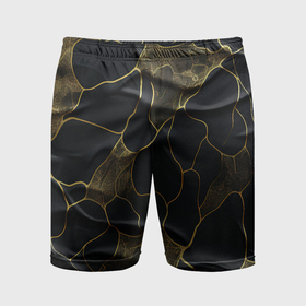 Мужские шорты спортивные с принтом Золотые волнистые волны на черной ткани ,  |  | 