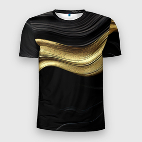 Мужская футболка 3D Slim с принтом Золотистая волна на черной ткани в Новосибирске, 100% полиэстер с улучшенными характеристиками | приталенный силуэт, круглая горловина, широкие плечи, сужается к линии бедра | 