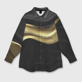 Мужская рубашка oversize 3D с принтом Золотистая волна на черной ткани в Новосибирске,  |  | 