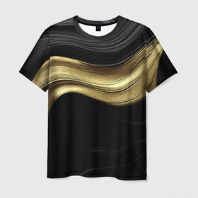 Мужская футболка 3D с принтом Золотистая волна на черной ткани в Екатеринбурге, 100% полиэфир | прямой крой, круглый вырез горловины, длина до линии бедер | 