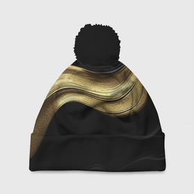 Шапка 3D c помпоном с принтом Золотистая волна на черной ткани , 100% полиэстер | универсальный размер, печать по всей поверхности изделия | 