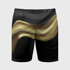 Мужские шорты спортивные с принтом Золотистая волна на черной ткани в Новосибирске,  |  | 