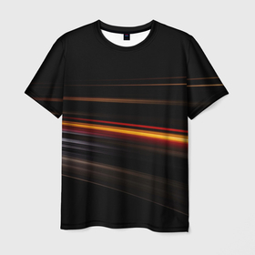 Мужская футболка 3D с принтом Оранжевая яркая полоса на черной абстракции , 100% полиэфир | прямой крой, круглый вырез горловины, длина до линии бедер | 