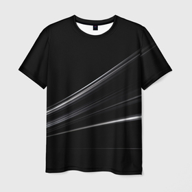 Мужская футболка 3D с принтом Белые полосы на черной абстракции в Белгороде, 100% полиэфир | прямой крой, круглый вырез горловины, длина до линии бедер | 