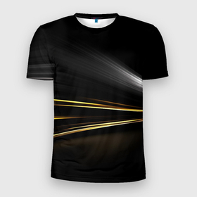 Мужская футболка 3D Slim с принтом Желтые полосы на черной абстракции в Санкт-Петербурге, 100% полиэстер с улучшенными характеристиками | приталенный силуэт, круглая горловина, широкие плечи, сужается к линии бедра | Тематика изображения на принте: 