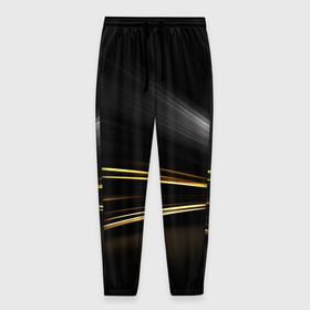 Мужские брюки 3D с принтом Желтые полосы на черной абстракции в Тюмени, 100% полиэстер | манжеты по низу, эластичный пояс регулируется шнурком, по бокам два кармана без застежек, внутренняя часть кармана из мелкой сетки | 