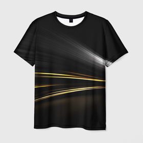 Мужская футболка 3D с принтом Желтые полосы на черной абстракции в Санкт-Петербурге, 100% полиэфир | прямой крой, круглый вырез горловины, длина до линии бедер | 