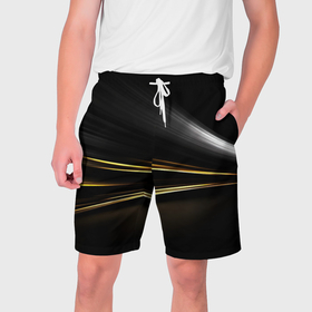 Мужские шорты 3D с принтом Желтые полосы на черной абстракции в Санкт-Петербурге,  полиэстер 100% | прямой крой, два кармана без застежек по бокам. Мягкая трикотажная резинка на поясе, внутри которой широкие завязки. Длина чуть выше колен | 