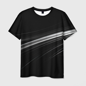 Мужская футболка 3D с принтом Белые полосы на черной  абстракции в Петрозаводске, 100% полиэфир | прямой крой, круглый вырез горловины, длина до линии бедер | 