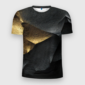 Мужская футболка 3D Slim с принтом Черная текстура с золотистым напылением в Новосибирске, 100% полиэстер с улучшенными характеристиками | приталенный силуэт, круглая горловина, широкие плечи, сужается к линии бедра | 