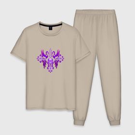 Мужская пижама хлопок с принтом Две птицы с узорами гжель фиолетовая в Санкт-Петербурге, 100% хлопок | брюки и футболка прямого кроя, без карманов, на брюках мягкая резинка на поясе и по низу штанин
 | 