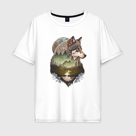 Мужская футболка хлопок Oversize с принтом Портрет волка в стиле двойной экспозиции в Курске, 100% хлопок | свободный крой, круглый ворот, “спинка” длиннее передней части | 