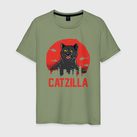 Мужская футболка хлопок с принтом Catzilla в Петрозаводске, 100% хлопок | прямой крой, круглый вырез горловины, длина до линии бедер, слегка спущенное плечо. | 