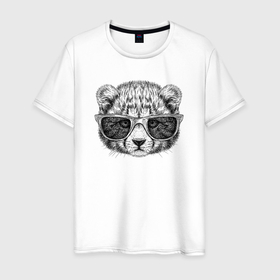 Мужская футболка хлопок с принтом Детеныш гепарда в очках в Петрозаводске, 100% хлопок | прямой крой, круглый вырез горловины, длина до линии бедер, слегка спущенное плечо. | 