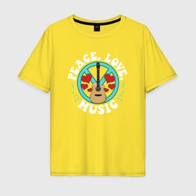 Мужская футболка хлопок Oversize с принтом Peace love music в Кировске, 100% хлопок | свободный крой, круглый ворот, “спинка” длиннее передней части | 