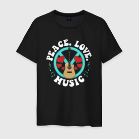 Мужская футболка хлопок с принтом Peace love music в Петрозаводске, 100% хлопок | прямой крой, круглый вырез горловины, длина до линии бедер, слегка спущенное плечо. | 