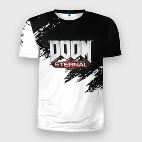 Мужская футболка 3D Slim с принтом Doom eternal белые краски в Тюмени, 100% полиэстер с улучшенными характеристиками | приталенный силуэт, круглая горловина, широкие плечи, сужается к линии бедра | 