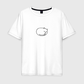 Мужская футболка хлопок Oversize с принтом Минималистичный спящий котик , 100% хлопок | свободный крой, круглый ворот, “спинка” длиннее передней части | 