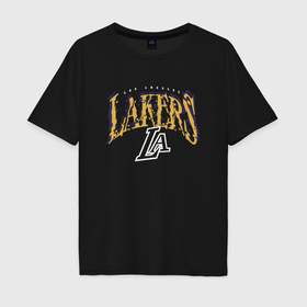 Мужская футболка хлопок Oversize с принтом Lakers los angeles suga glitch nba в Новосибирске, 100% хлопок | свободный крой, круглый ворот, “спинка” длиннее передней части | 