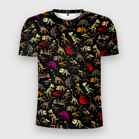 Мужская футболка 3D Slim с принтом Colorful dinosaur   skeletons в Санкт-Петербурге, 100% полиэстер с улучшенными характеристиками | приталенный силуэт, круглая горловина, широкие плечи, сужается к линии бедра | Тематика изображения на принте: 
