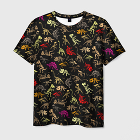 Мужская футболка 3D с принтом Colorful dinosaur   skeletons , 100% полиэфир | прямой крой, круглый вырез горловины, длина до линии бедер | Тематика изображения на принте: 