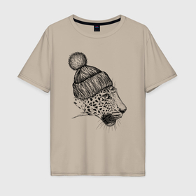 Мужская футболка хлопок Oversize с принтом Леопард в шапке , 100% хлопок | свободный крой, круглый ворот, “спинка” длиннее передней части | 