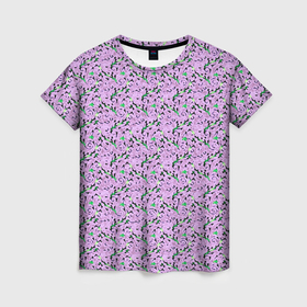Женская футболка 3D с принтом Абстрактный цветочный паттерн сиреневый , 100% полиэфир ( синтетическое хлопкоподобное полотно) | прямой крой, круглый вырез горловины, длина до линии бедер | Тематика изображения на принте: 