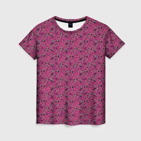Женская футболка 3D с принтом Пурпурный паттерн с салатовыми вкраплениями в Тюмени, 100% полиэфир ( синтетическое хлопкоподобное полотно) | прямой крой, круглый вырез горловины, длина до линии бедер | 