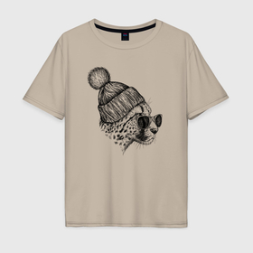 Мужская футболка хлопок Oversize с принтом Гепард в шапке в Курске, 100% хлопок | свободный крой, круглый ворот, “спинка” длиннее передней части | 