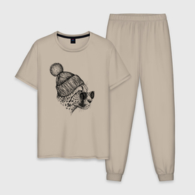 Мужская пижама хлопок с принтом Гепард в шапке , 100% хлопок | брюки и футболка прямого кроя, без карманов, на брюках мягкая резинка на поясе и по низу штанин
 | 