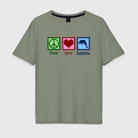 Мужская футболка хлопок Oversize с принтом Мир любовь дельфины в Санкт-Петербурге, 100% хлопок | свободный крой, круглый ворот, “спинка” длиннее передней части | 
