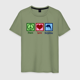 Мужская футболка хлопок с принтом Мир любовь дельфины в Тюмени, 100% хлопок | прямой крой, круглый вырез горловины, длина до линии бедер, слегка спущенное плечо. | 