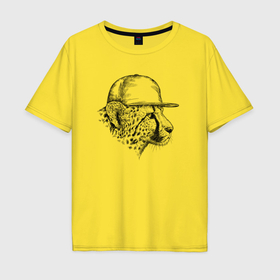 Мужская футболка хлопок Oversize с принтом Гепард в кепке в Курске, 100% хлопок | свободный крой, круглый ворот, “спинка” длиннее передней части | 