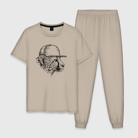 Мужская пижама хлопок с принтом Гепард в кепке , 100% хлопок | брюки и футболка прямого кроя, без карманов, на брюках мягкая резинка на поясе и по низу штанин
 | 