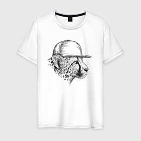Мужская футболка хлопок с принтом Гепард в кепке в Тюмени, 100% хлопок | прямой крой, круглый вырез горловины, длина до линии бедер, слегка спущенное плечо. | 