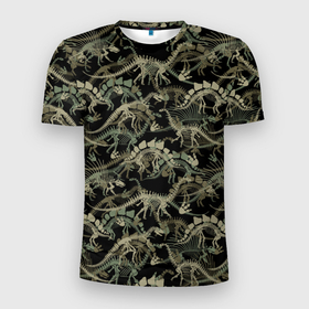 Мужская футболка 3D Slim с принтом Dinosaur skeletons   camouflage в Санкт-Петербурге, 100% полиэстер с улучшенными характеристиками | приталенный силуэт, круглая горловина, широкие плечи, сужается к линии бедра | Тематика изображения на принте: 