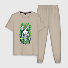 Мужская пижама хлопок с принтом Фея весны в Тюмени, 100% хлопок | брюки и футболка прямого кроя, без карманов, на брюках мягкая резинка на поясе и по низу штанин
 | 
