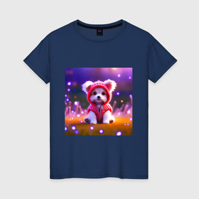 Женская футболка хлопок с принтом Маленький щенок в волшебном лесу в Санкт-Петербурге, 100% хлопок | прямой крой, круглый вырез горловины, длина до линии бедер, слегка спущенное плечо | 