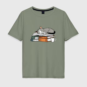 Мужская футболка хлопок Oversize с принтом Кофе книги котики в Екатеринбурге, 100% хлопок | свободный крой, круглый ворот, “спинка” длиннее передней части | Тематика изображения на принте: 