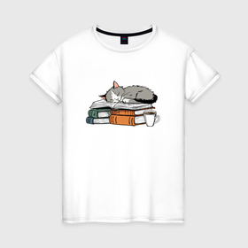 Женская футболка хлопок с принтом Кофе книги котики в Санкт-Петербурге, 100% хлопок | прямой крой, круглый вырез горловины, длина до линии бедер, слегка спущенное плечо | Тематика изображения на принте: 
