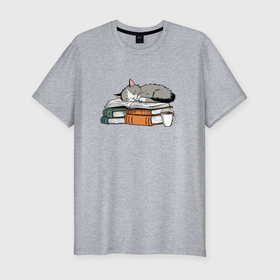 Мужская футболка хлопок Slim с принтом Кофе книги котики в Белгороде, 92% хлопок, 8% лайкра | приталенный силуэт, круглый вырез ворота, длина до линии бедра, короткий рукав | 
