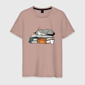 Мужская футболка хлопок с принтом Кофе книги котики в Санкт-Петербурге, 100% хлопок | прямой крой, круглый вырез горловины, длина до линии бедер, слегка спущенное плечо. | 