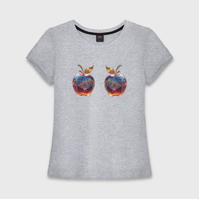 Женская футболка хлопок Slim с принтом Музыкальные яблоки и ноты в Екатеринбурге,  |  | 